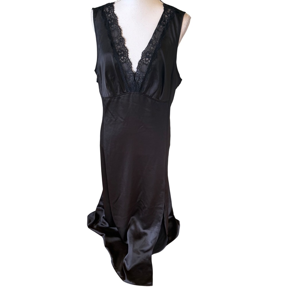 Open Edit Black Satin Lace Trim Slip Midi Dress XL Cocktail Formal Wedding Goth